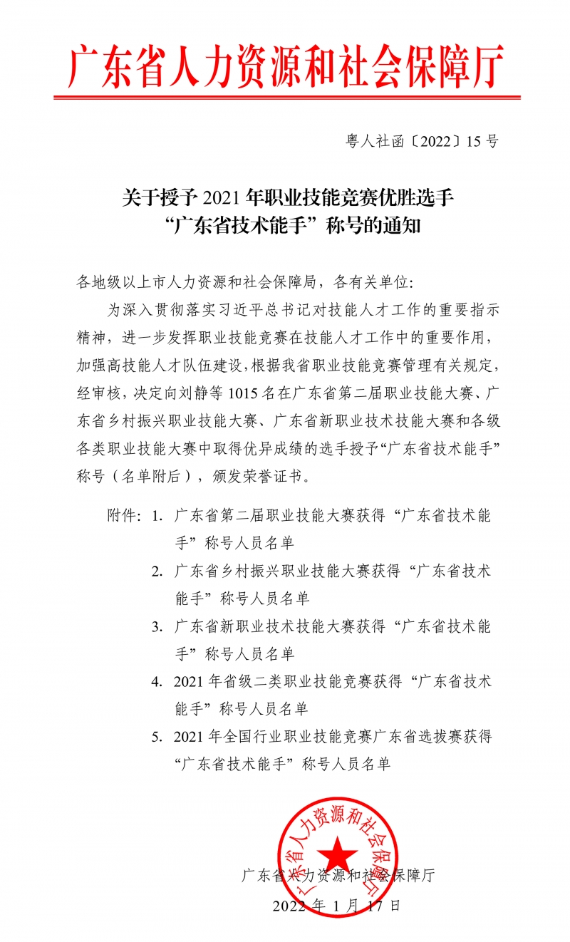 20220618粤人社函〔2022〕15号关于授予2021年职业技能竞赛优胜选手“广东省技术能手”称号的通知 20220618粤人社函〔2022〕15号关于授予2021年职业技能竞赛优胜选手“广东省技术能手”称号的通知